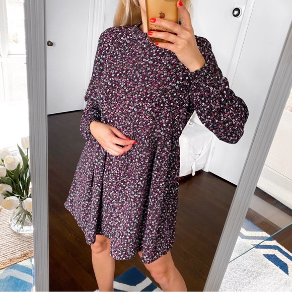 🌸 JACQUELINE DE YONG BOHO BLACK WHITE MULTI FLORAL MOCK NECK LONG SLEEVE DRESS! - Picture 2 of 12